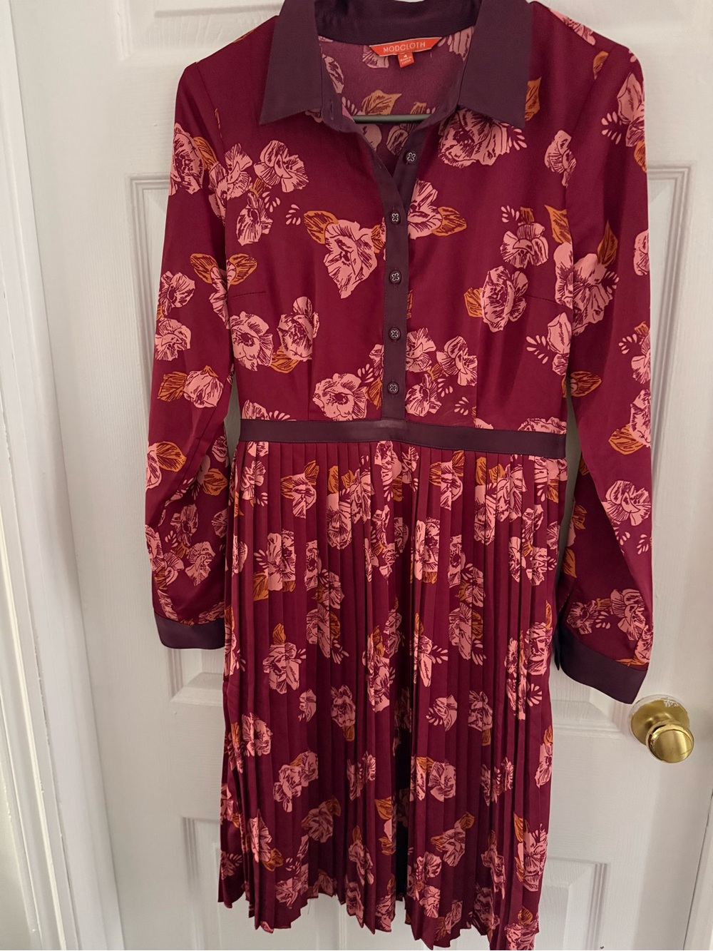 Modcloth Burgundy Floral Pleated Shirt Dress with Pink & Mustard Accents